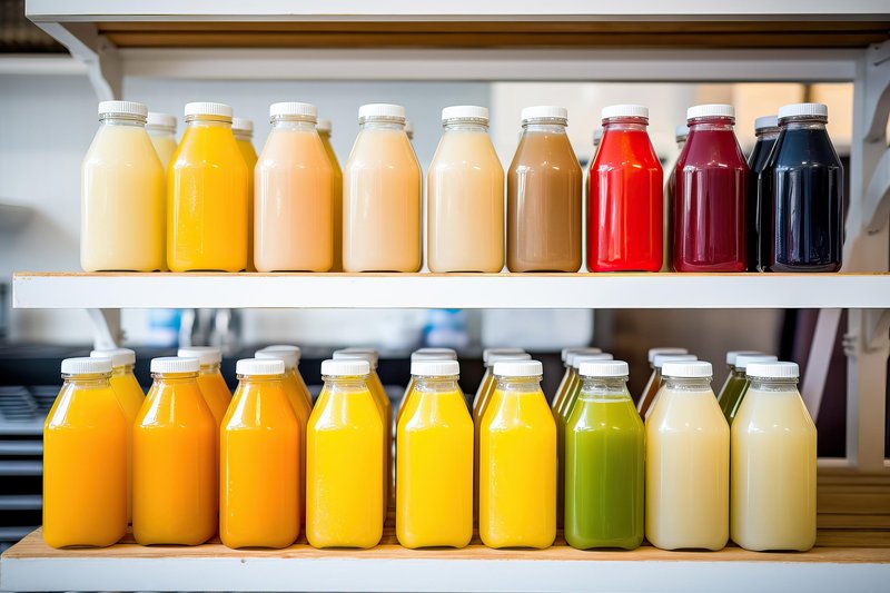 butelki z sokami na półkach